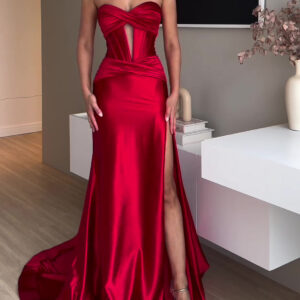 Red Strapless Tube Top Evening Dress with High Slit – Extra Long