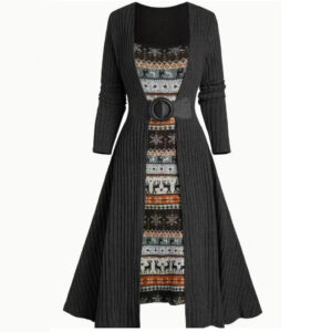 A long-sleeve dress with stitching details and sunk-in stripes, combining style and comfort with a modern, sleek design.